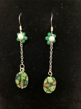 Green Floral Dangle Earrings with Pearl Accent